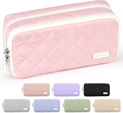 Sooez Large Pencil Case Pouch, Extra Big Pencil Bag with 8 Compartments, Pen Bag Wide Opening, Soft Quilted Pencil Pouch Organizer with Zipper, Portable Pencil Case for Teen Girls, Pink