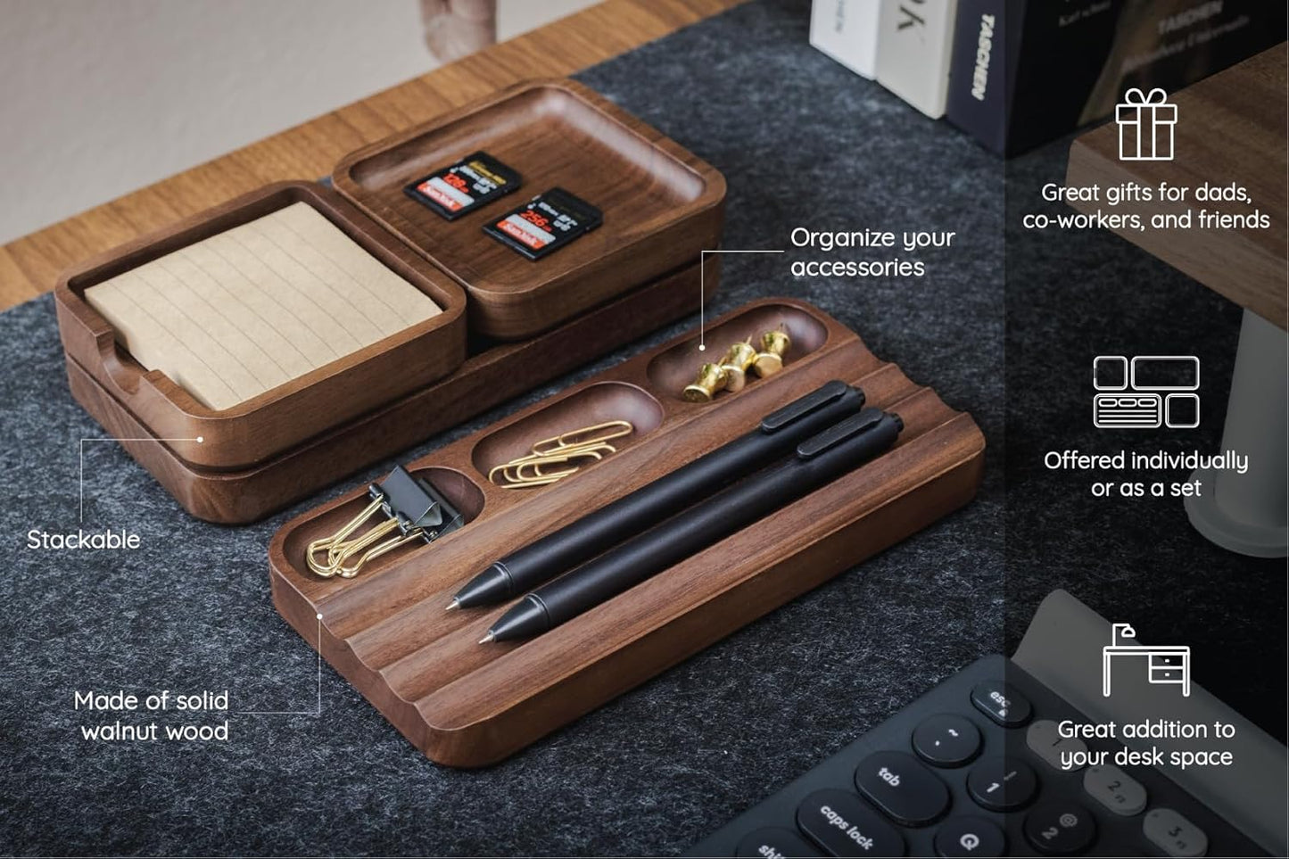 MUUJEE Wooden Desk Pen Pencil Organizer - 7.5 x 3.75 for Work Teacher Dad Wood Pencils Tray Work Minimalist Rustic, Gift for The Man who has it All