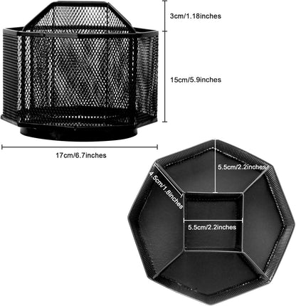 Comix 360° Rotating Pen Holder for Desk, 5 Compartments Office Desk Organizer, Black Mesh Metal Pencil Holder Cup for Office Home School