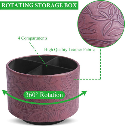 Round Leather Art Supply Organizer,Remote Control Holder,360 Degree Rotating,Multi-Functional Pencil Holder,4 Compartments Desktop Stationary Organizer(1-Fractal Flower) | Round - Colors B