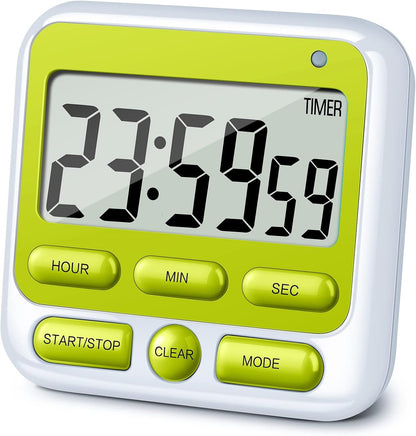 KTKUDY Digital Kitchen Timer with Mute/Loud Alarm Switch ON/Off Switch, 12-Hour Clock & Alarm, Memory Function Count Up & Count Down for Kids Teachers Cooking, Large LCD Display, Strong Magnet (Black)