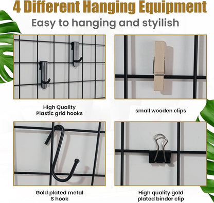 CIKLCIX Metal Grid Wall Panel, Wire Grid Photo Display Organizer, 17.3"×11.8" Gold Wire Board Grid Wall, Grid Picture Frame, 2-Pack Wire Mesh Memo Board With Clips and Hooks
