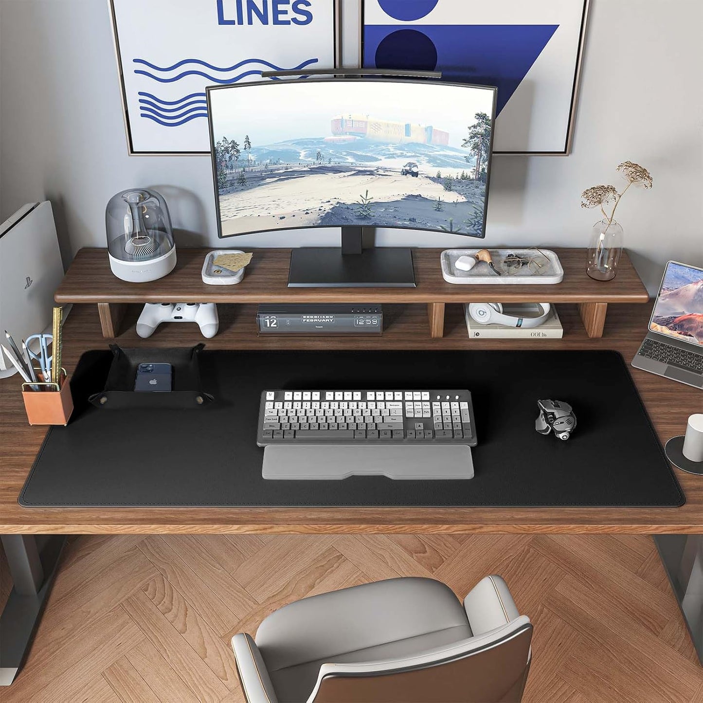 DAWNTREES Dual Sided Desk Mat,Leather Desk Pad,Brown 40"x16",Cork Desk Mat Protector,with PU Leather Valet Tray Organizer,Large Mouse Pad,Desk Writing Pad for Office and Home