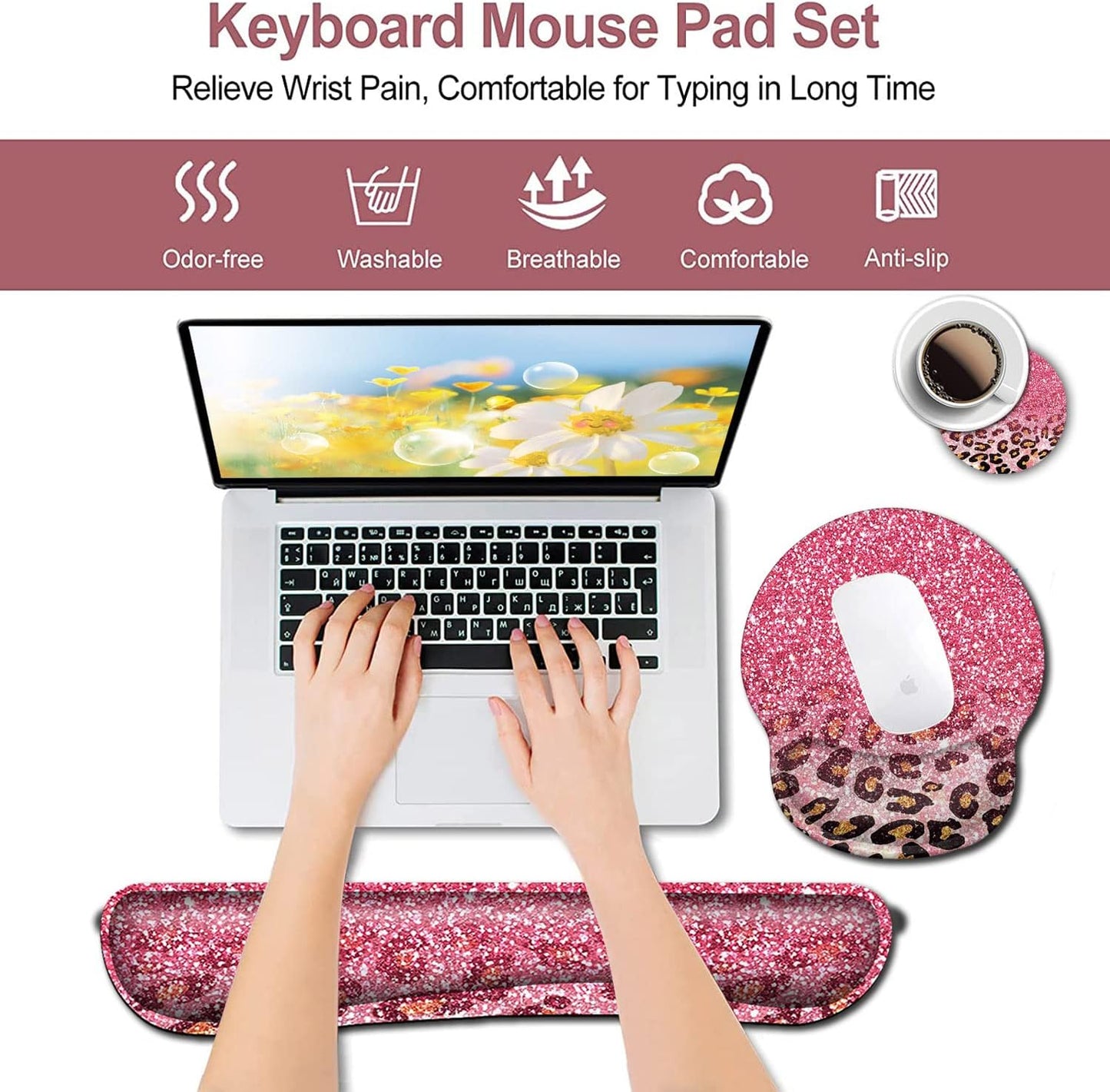 Mouse Pad with Wrist Support, Ergonomic Gel Mouse Pad Beautiful Flowers,Pink Hyacinths on Wood Panel，Non-Slip Durable, Memory Foam Keyboard Wrist Rest, Suitable for Office Typing Games