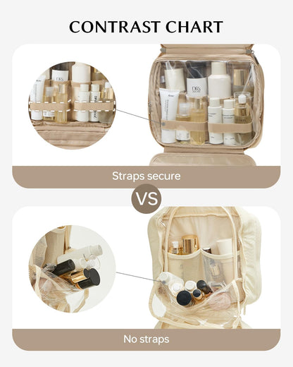 EACHY Toiletry Bag with Hanging Hook, Travel Makeup Bag PU Leather Cosmetic Bags for Women Make Up Organizer with 4 Compartments Waterproof Full-Size Portable Travel Essentials (Beige)