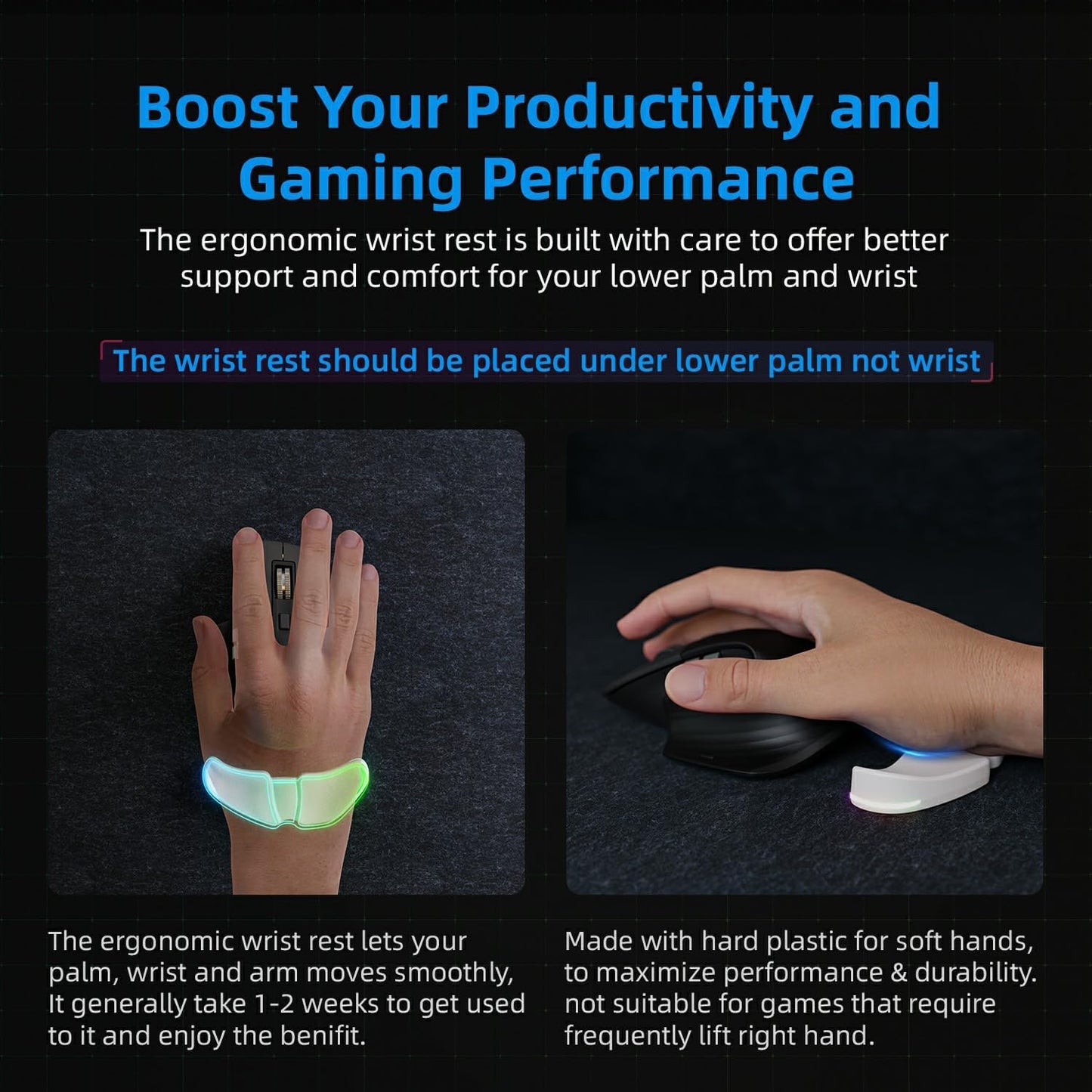 HornsX1 Right-Handed Ergonomic Gliding Palm Rest for Mouse, Wrist Rest Pad, Reduce Wrist Pain, Anti-Fatigue, for Gaming/Office Work Casual Use - White, 1 PCS