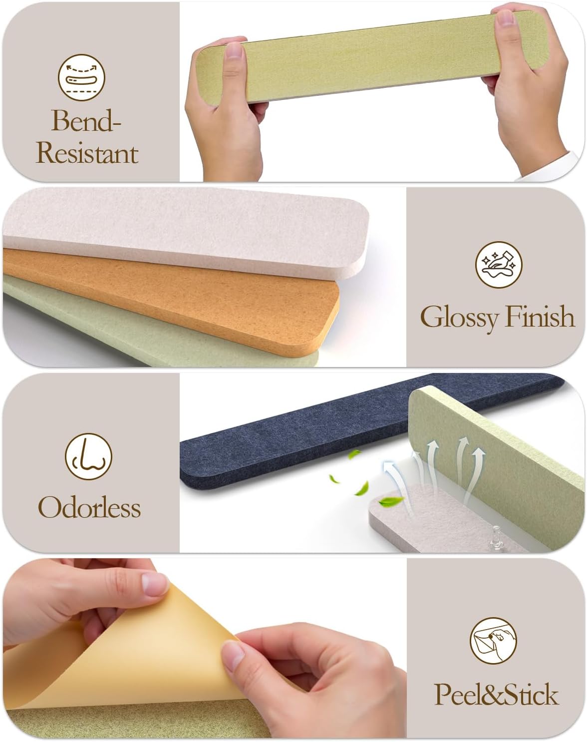 JBER Felt Strip Board 5 Pack 13"x2", Cork Board Alternative Pin Bulletin Board, Self-Adhesive Vision Board with 25 Push Pins for Walls, Office & Home Decor(Light Camel)