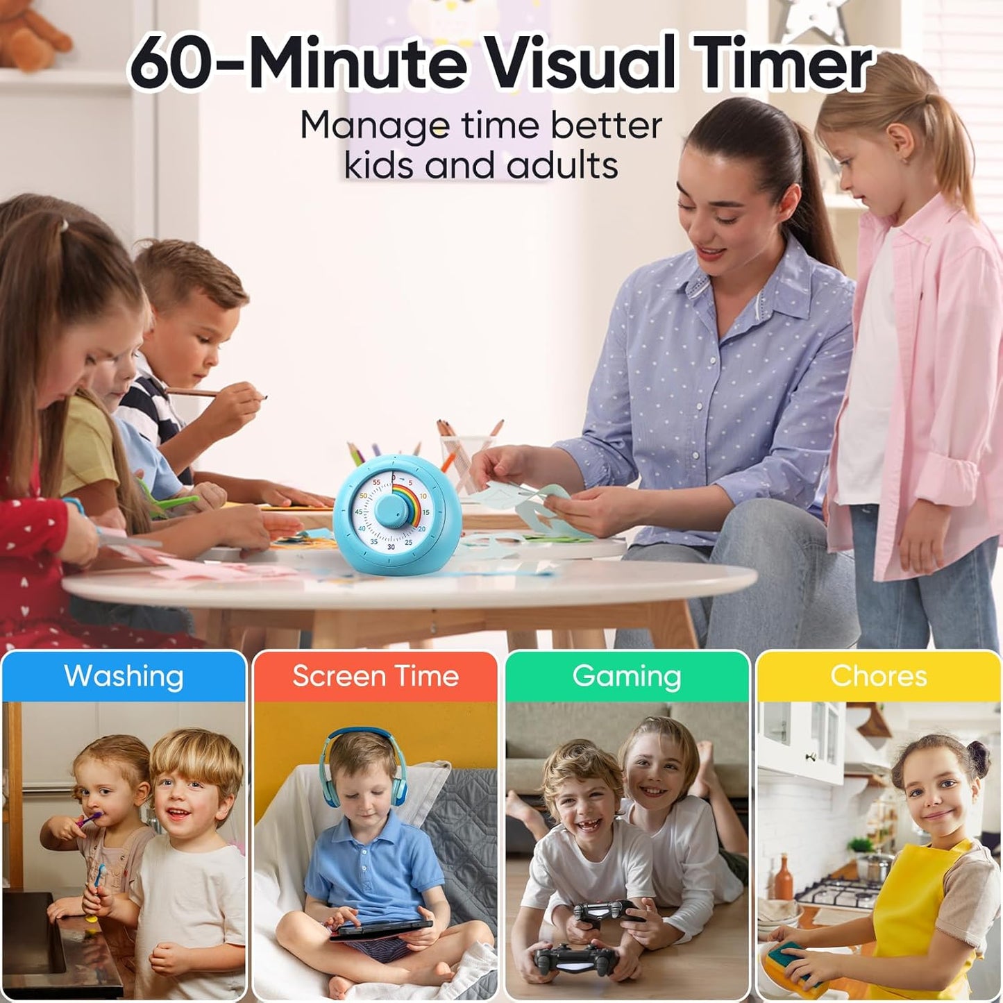 Visual Timer for Kids, 60-Minute Silent Countdown for Classroom, Home, Office, Kitchen, Rainbow Pattern Desk Timer, Time Management Tools with Silent Operation, Pomodoro Timer (Green)