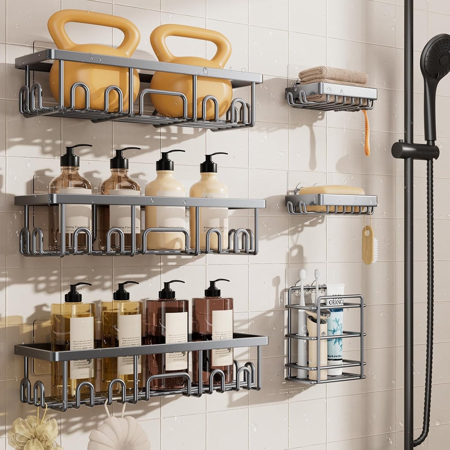Veken Shower Caddy 6-Pack, Advanced Rustproof Design, No Drilling Adhesive Shelves, Rack with Soap Holder, Large Capacity Bathroom Organizers and Storage, Wall-Mounted Kitchen & Home Decor