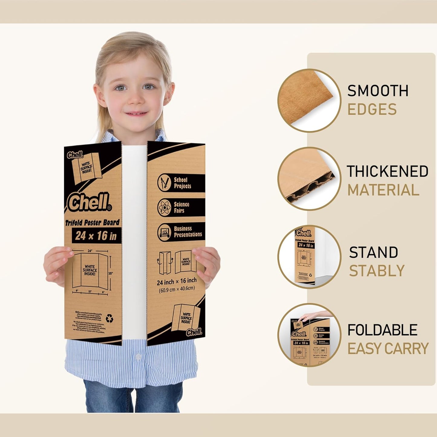 Chell 36" x 48" Large Trifold Poster Board, 2 Pack, White Corrugated Project Boards for Science Fair, School Projects, Event Displays and Business Presentations