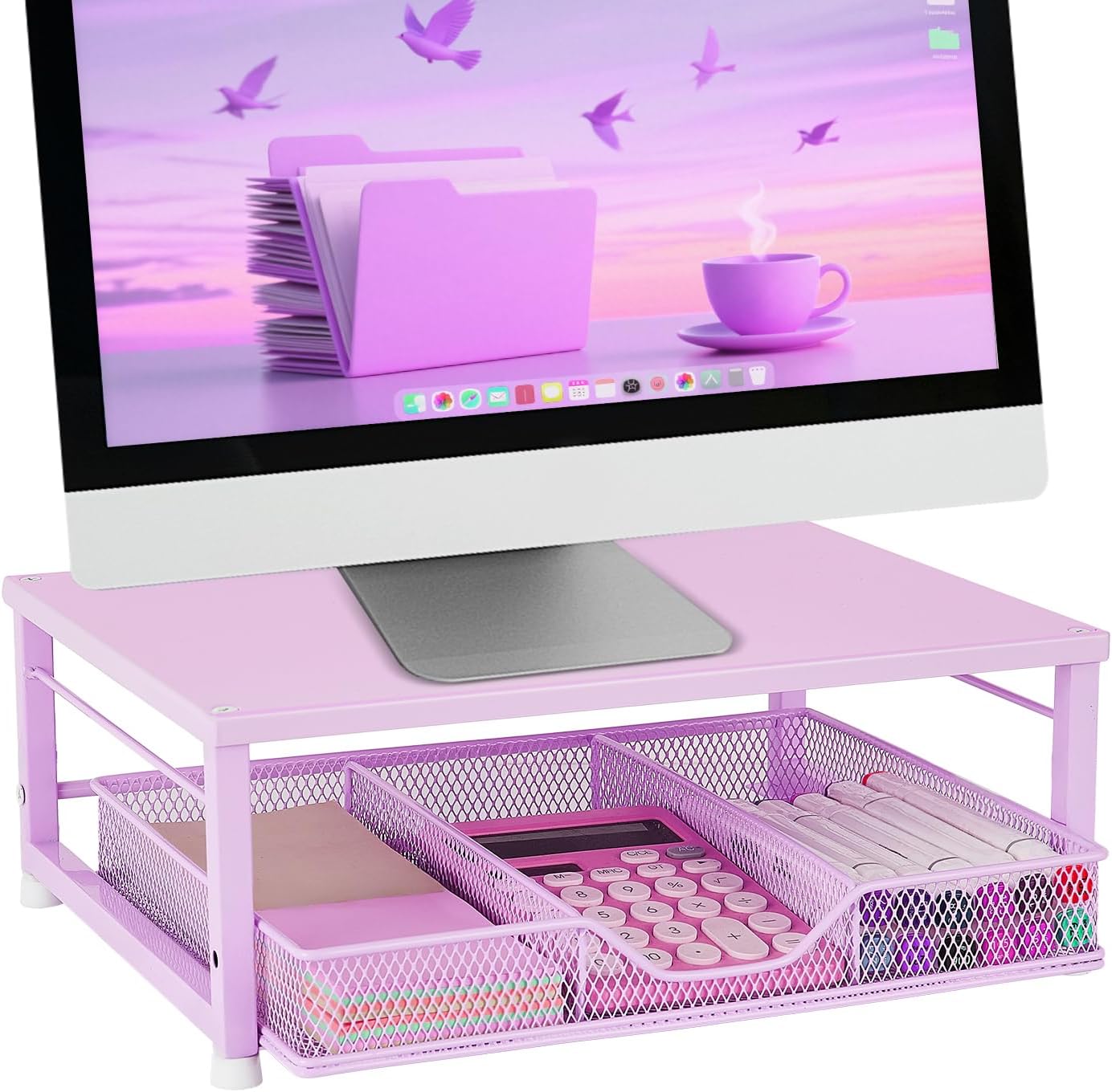 Wood Metal Monitor Stand Riser, Laptop Stand for Desk, Office Desk Organizer and Accessories, Computer Desktop Shelf with Drawer and Pen Holder, Printer Stand for Home, Office, Dorm (Natural Wood)