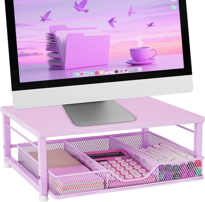 Wood Metal Monitor Stand Riser, Laptop Stand for Desk, Office Desk Organizer and Accessories, Computer Desktop Shelf with Drawer and Pen Holder, Printer Stand for Home, Office, Dorm (Natural Wood)