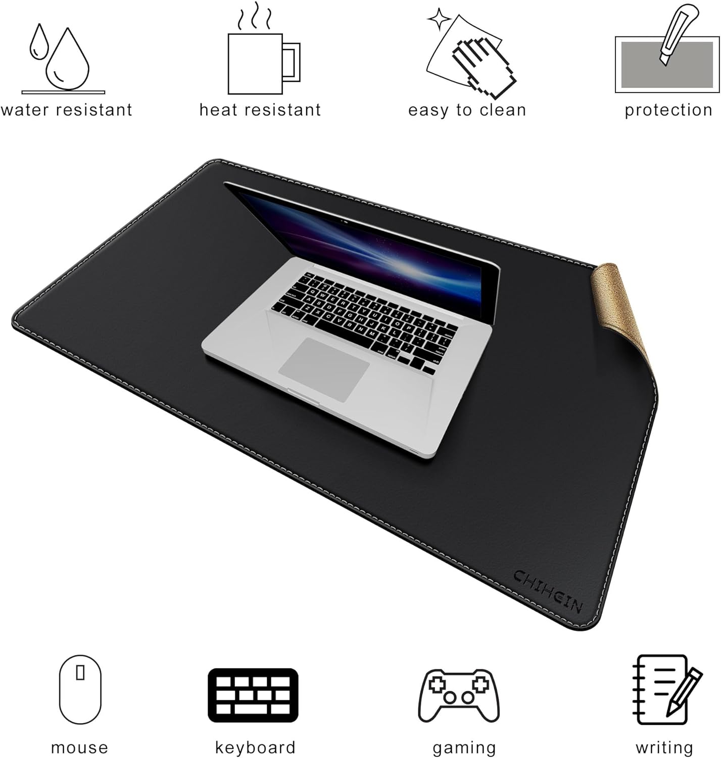 Chihein 2XL 35" x 16" Cork & PU Leather Desk Mat, Dual Sided Desk Pad Protector, Waterproof Writing Blotter for Gaming, Office, Home (Black)