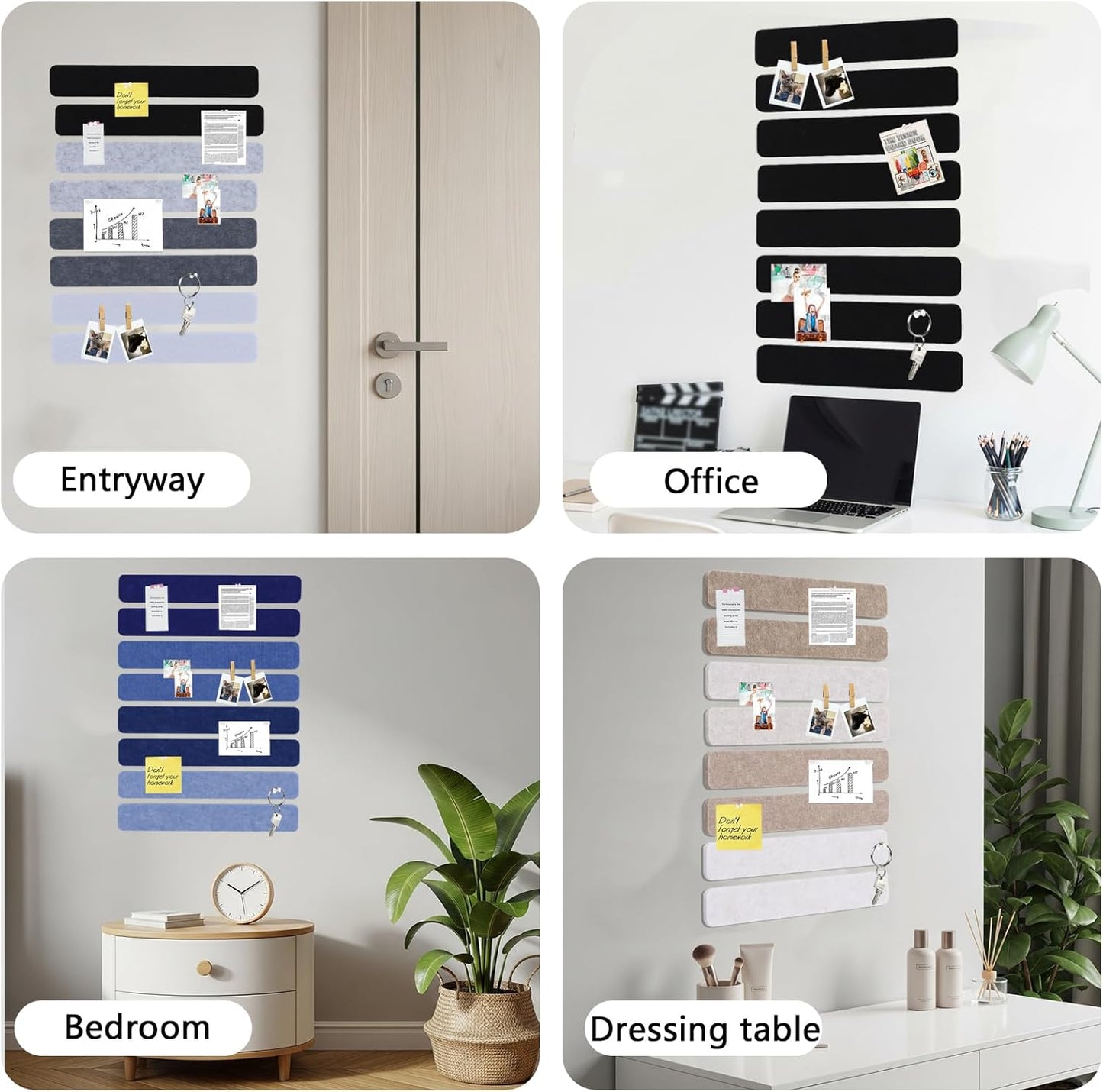Vuzvuv 8 pcs Bulletin Board Bar Strips with 50 Pushpins & 10 Wooden Clip pins，Self Adhesive Cork Board for Wall，Felt Pin Board for School，Office Decor（Black White Grey）