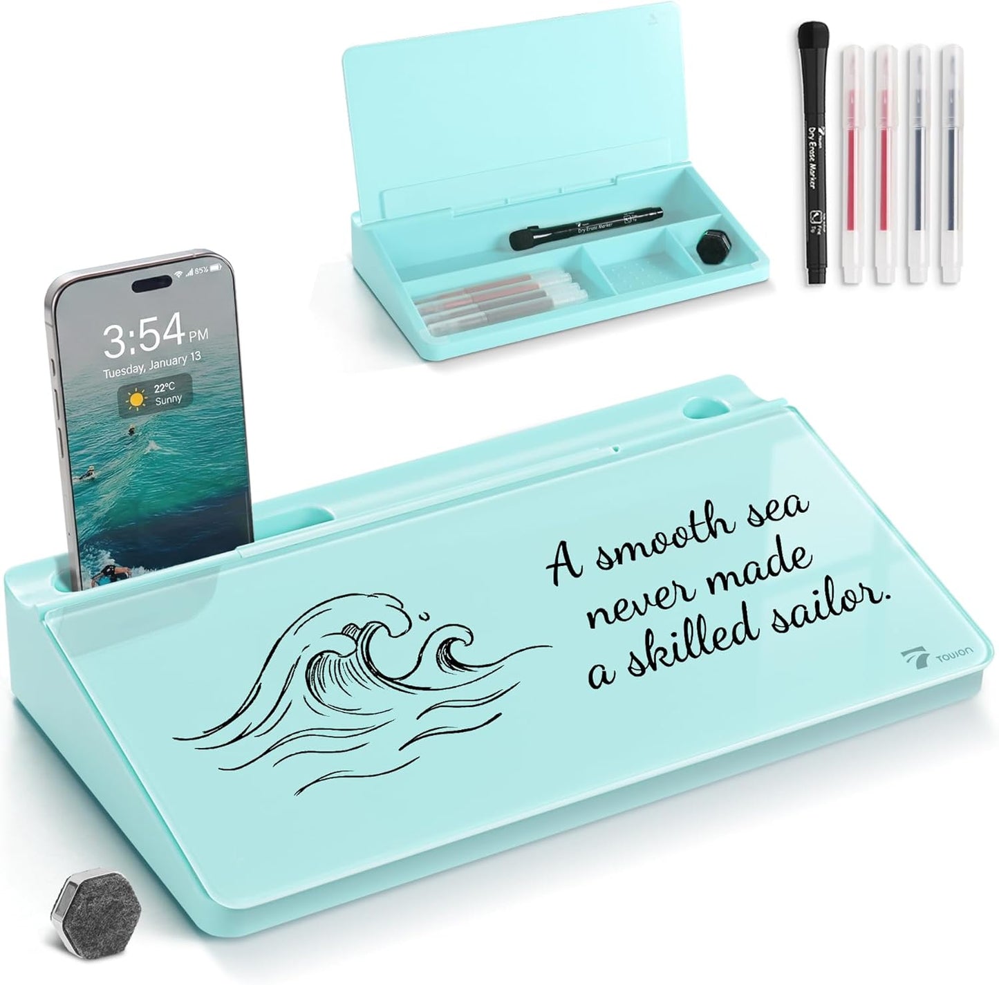 TOWON Small Compact Glass Desktop Whiteboard with Storage – 12 x 7 in Dry Erase Board for Desk, Home Office, School | Includes 5 Markers, Eraser & Holder | Space-Saving Organizer, Aesthetic Rose Gold