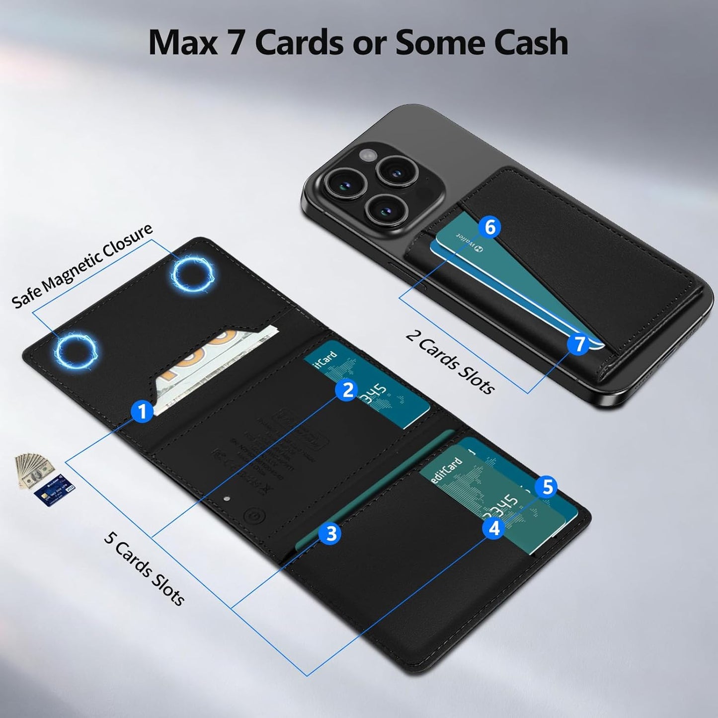 TopMade for Magsafe Wallet, Works with Apple Find My, Strongest Magnetic Wallet for iPhone 17/16/15/14/13/12 Series, Leather Magnetic Card Holder with Tracker, 7 Cards Holder, RFID Blocking, Black
