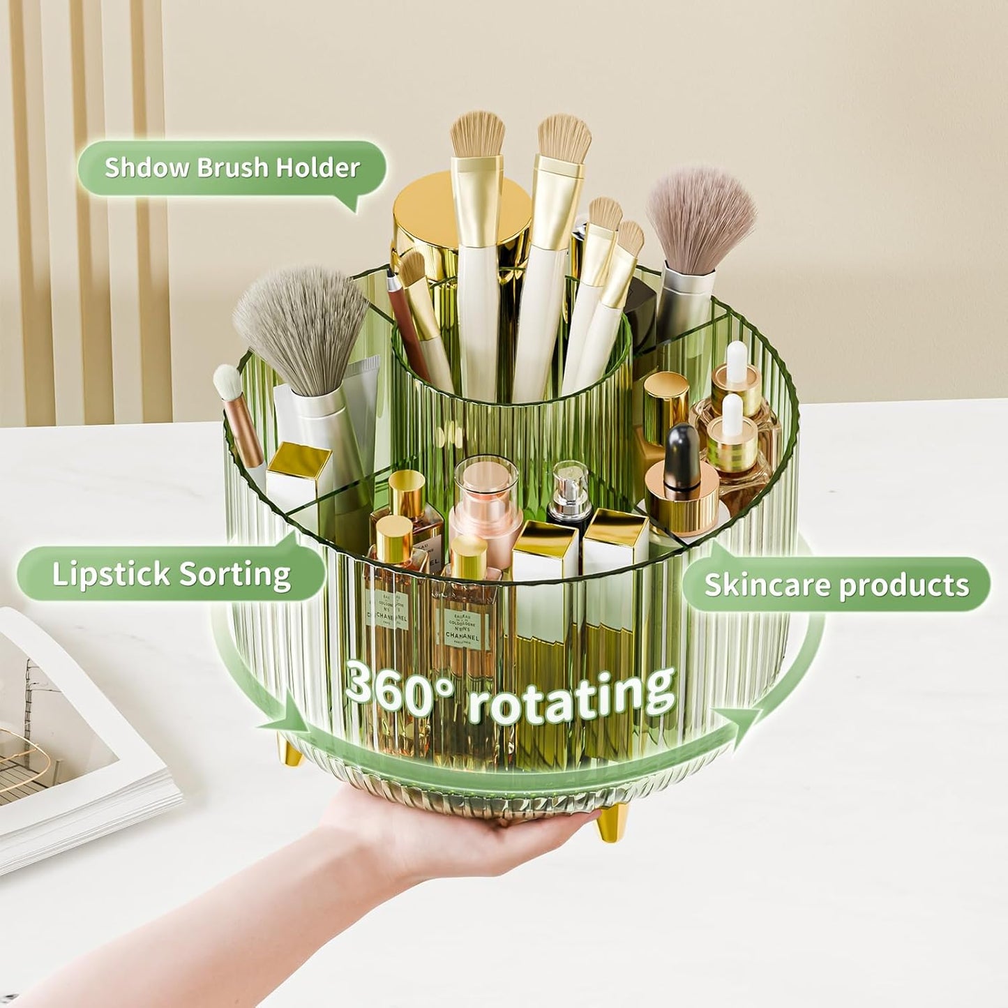 fanado 360° Rotate Makeup Brush Holder Organizer, Makeup Organizers Countertop, Makeup organization and Skincare Storage for Vanity, Desktop, Bathroom (White)