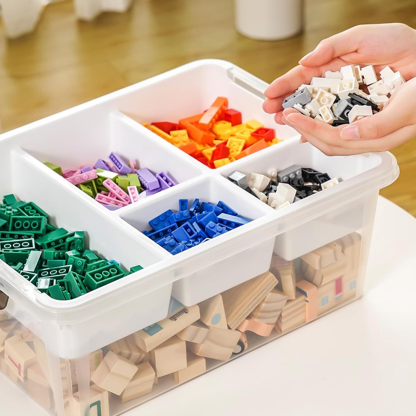 MACOPRO 17QT Craft Storage Box with 2 Removable Caddy Trays, Clear Stackable Plastic Organizer with Lid for Art Supplies, Beads, Sewing Tools, Pens & Kids Toys (White, 1Pack-2-in-1)