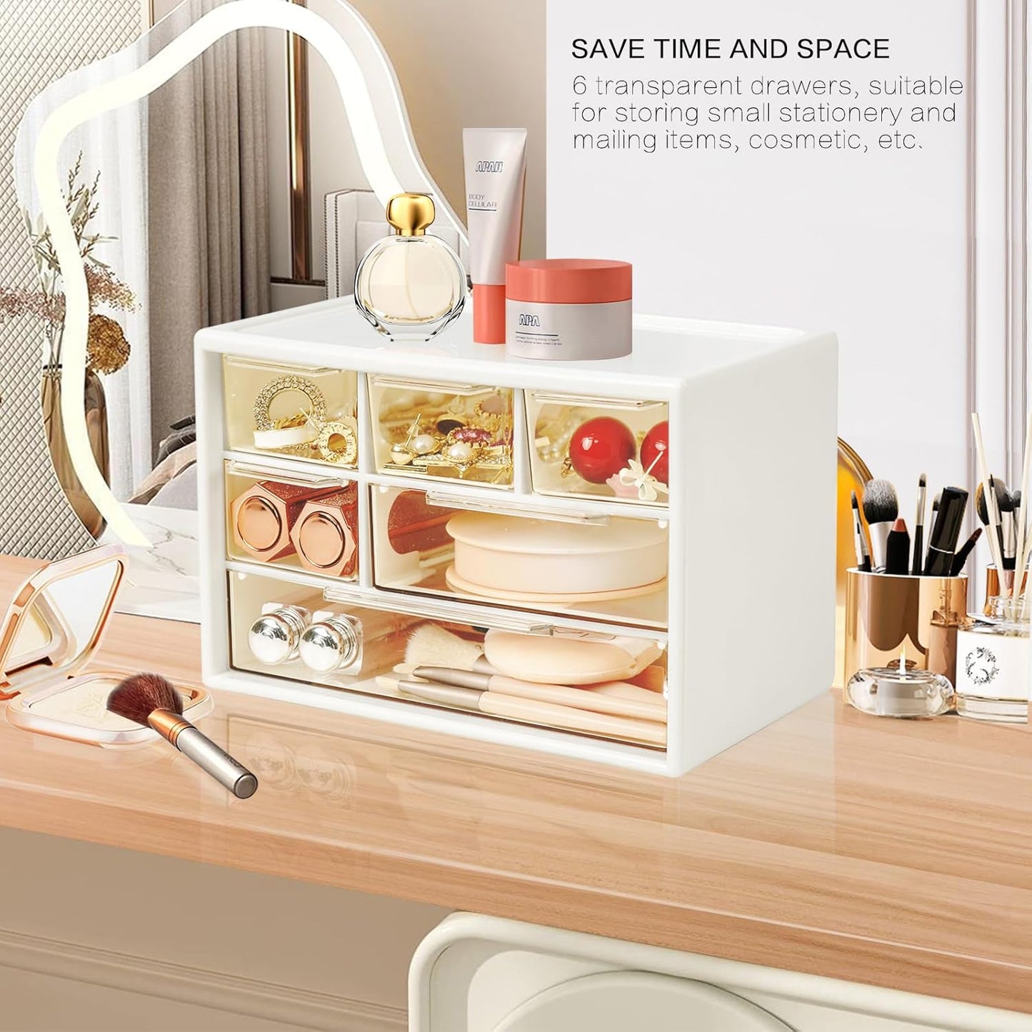 Mini Desk Storage Organizer with 6 Drawers, FODIENS Stackable Desktop Craft Drawer Cabinet, Clear Storage Box Caddy for Makeup Jewelry Office Craft Supplies (White)