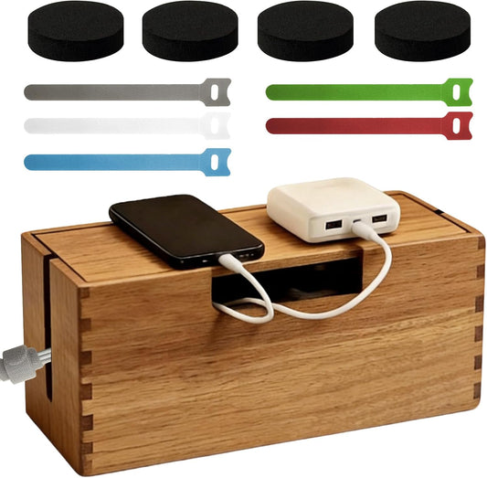 Acacia Wood Cable Management Box, Wooden Cord Hider Organizer for Power Strip, Desk/Floor/TV Wire Storage, Under Desk Cable Organizer for Home Office