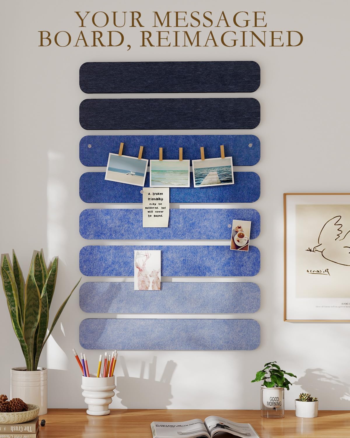 JBER Felt Strip Board 5 Pack 13"x2", Cork Board Alternative Pin Bulletin Board, Self-Adhesive Vision Board with 25 Push Pins for Walls, Office & Home Decor(Light Camel)