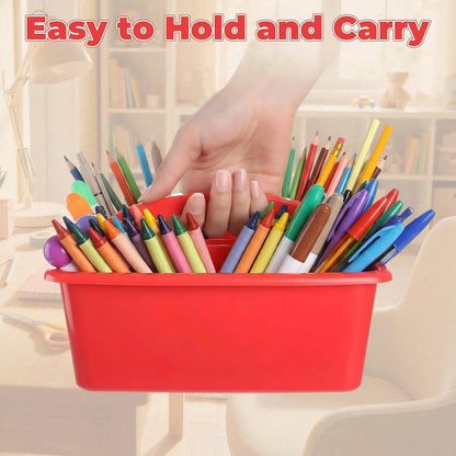Kathfly 4 Pack Caddy Organizer with Handle, Stackable Organization Storage, Small Plastic Basket Classroom Caddy for Table Desk Office Pencil Kids Room Craft Art Teacher School Supplies (Blue Orange)