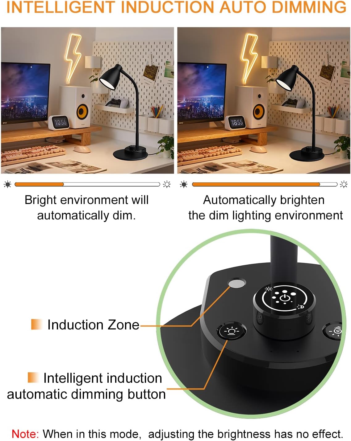 BOHON LED Desk Lamp with USB Charging Port, 3 Color Modes Dimmable Reading Lamp, Auto Dimming Task Lamp, Flexible Neck Table Light for Dorm Bedside, Adapter Include, White