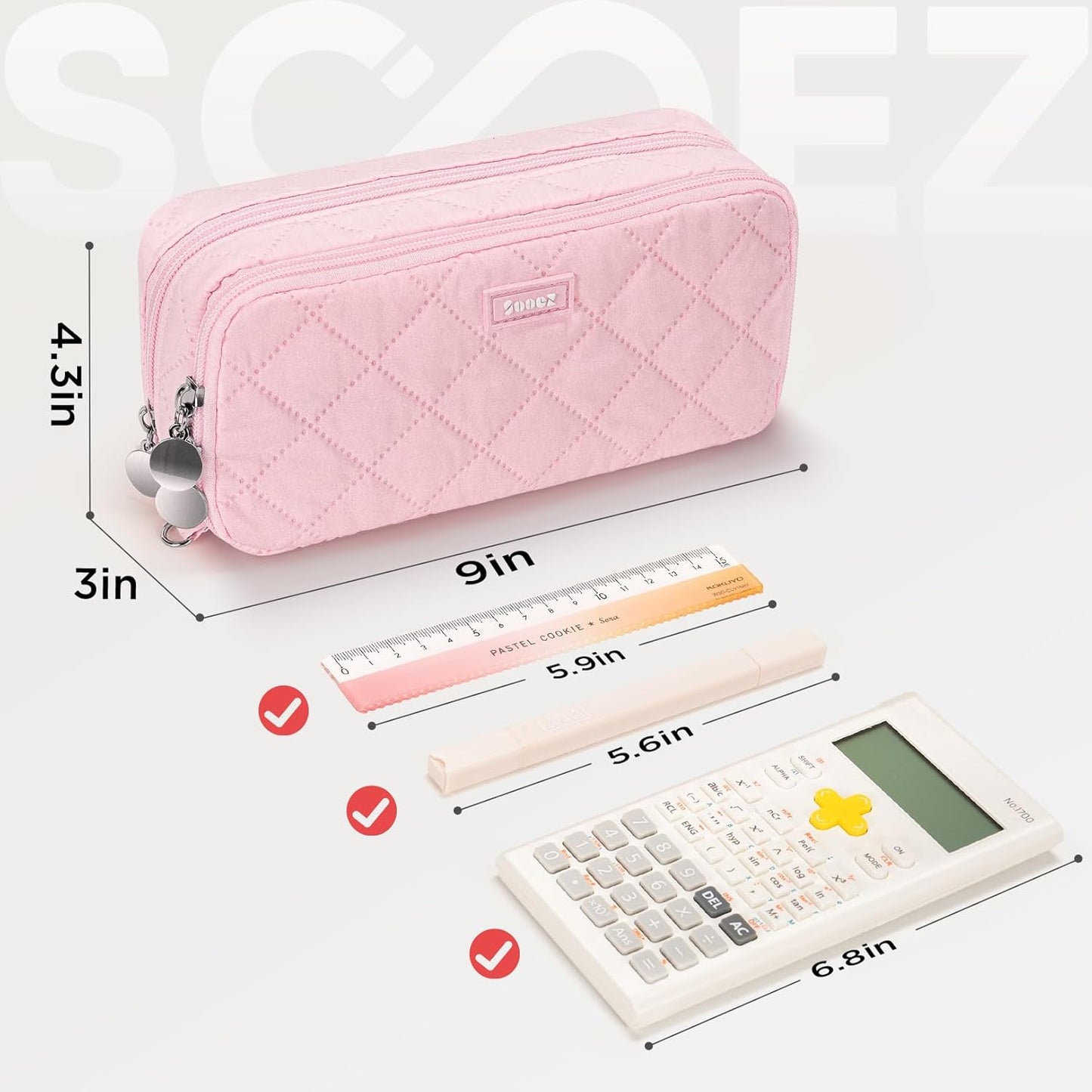 Sooez Large Pencil Case Pouch, Extra Big Pencil Bag with 8 Compartments, Pen Bag Wide Opening, Soft Quilted Pencil Pouch Organizer with Zipper, Portable Pencil Case for Teen Girls, Pink