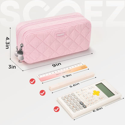 Sooez Large Pencil Case Pouch, Extra Big Pencil Bag with 8 Compartments, Pen Bag Wide Opening, Soft Quilted Pencil Pouch Organizer with Zipper, Portable Pencil Case for Teen Girls, Pink