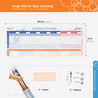 Dry Erase Calendar – 39.4x16” Weekly Dry Erase Board for Wall, Clear Weekly Planner Whiteboard, Reusable & Easy Erase, Sticks to Smooth Surfaces, Upgraded Static Cling – Improved Hold