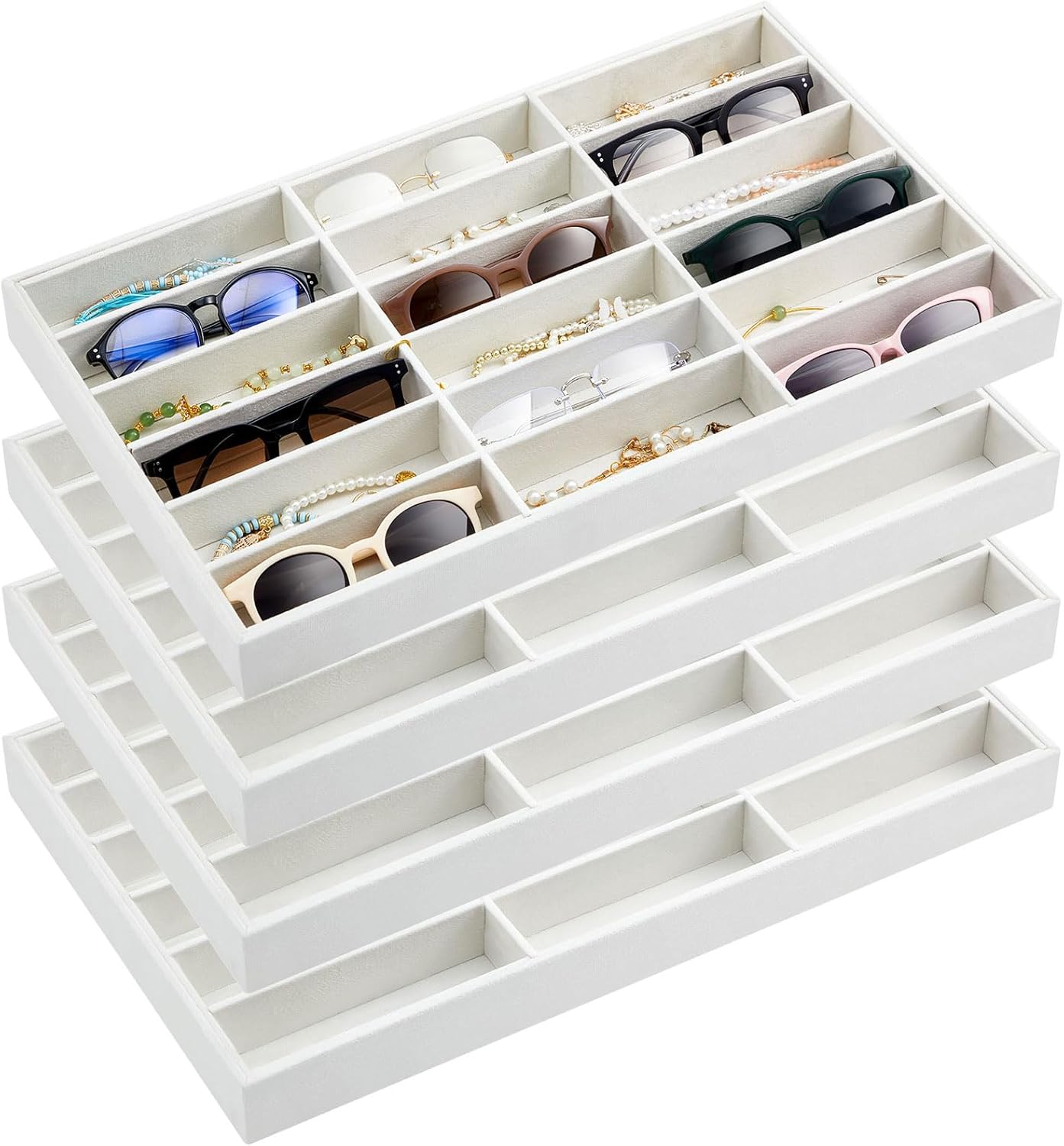 Amylove 4 Pcs Gray Sunglass Organizer Trays 4 Grids Velvet Glasses Holder Jewelry Display Organizer Eyeglasses Storage Box Drawer
