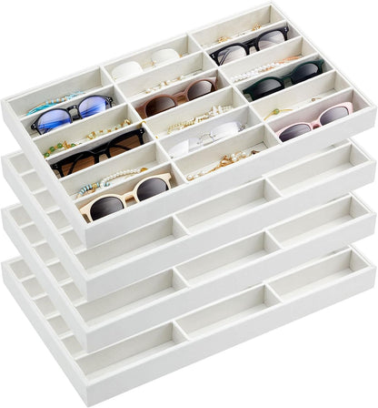 Amylove 4 Pcs Gray Sunglass Organizer Trays 4 Grids Velvet Glasses Holder Jewelry Display Organizer Eyeglasses Storage Box Drawer