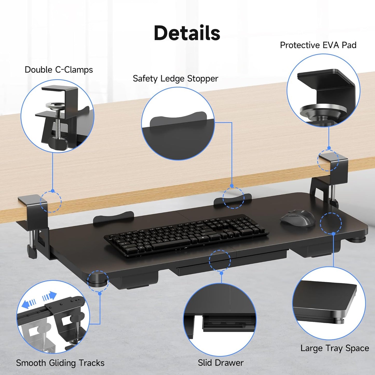 XINLEI Keyboard Tray Under Desk Large C-Clamp 25.6” (30” Including Clamps) x 11.8” Slide-Out Platform Computer Drawer Pull Out Keyboard & Mouse Tray Black DSF4