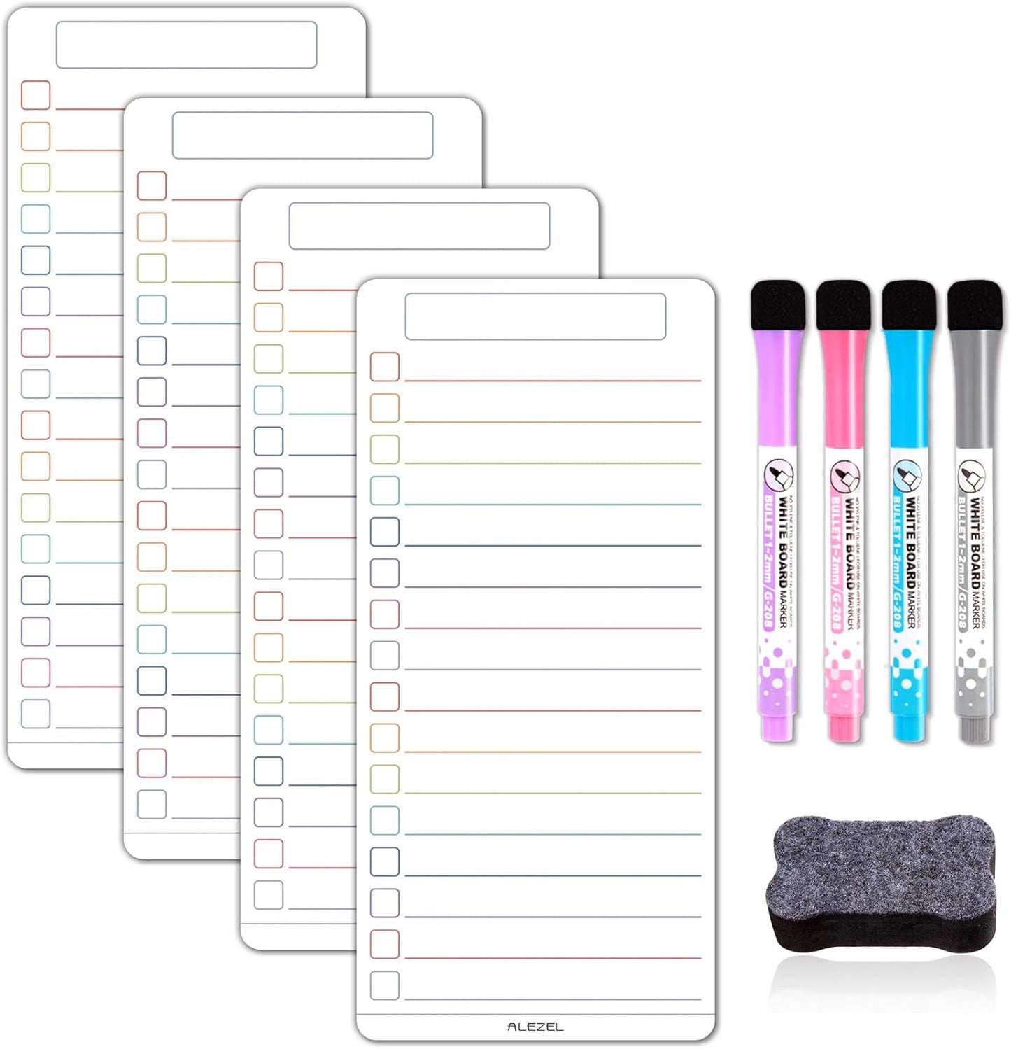 ALEZEL Magnetic to Do List White Board for Fridge, Multifunctional Dry Erase List Board for Refrigerator - Set of 4 Magnetic Grocery List Whiteboards, 4 Markers + Eraser