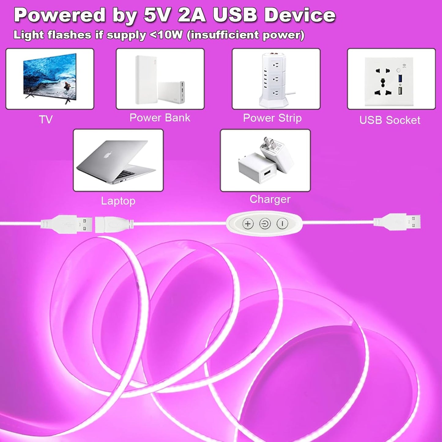 USB Light Strip Warm White 3000K CRI 92+ Small Dimmable COB LED Strip Light Cuttable 5V USB Powered 6 ft 10W for TV Backlight Cabinet Bedroom Indoor DIY Lighting Project