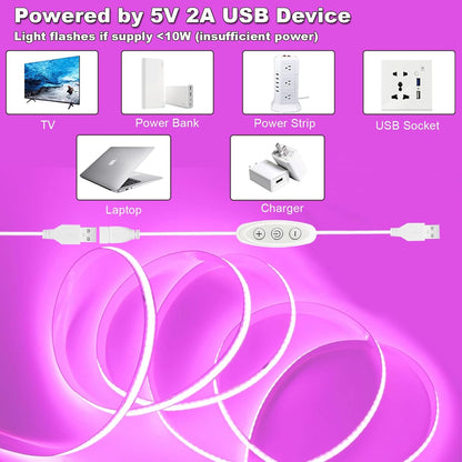 USB Light Strip Warm White 3000K CRI 92+ Small Dimmable COB LED Strip Light Cuttable 5V USB Powered 6 ft 10W for TV Backlight Cabinet Bedroom Indoor DIY Lighting Project