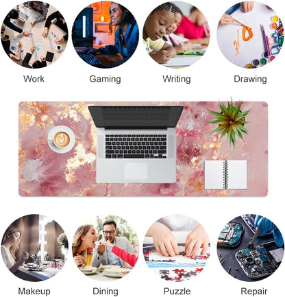 QIYI Large Mouse Pad, Cute Pink Desk Mat for Desktop, Women Girls PU Leather Desk Pad Waterproof Gaming Mousepad, Rose Gold Marble Computer Protector Writing Pad for School Office Home 31.5" x 15.7"