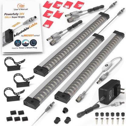 EBD LED Light Bar Built-in Adjustable Cable 12 Pcs Corner Input Under-Counter Light fixtures Work Bench linkable Touch Lights 3000K 5400 Lm Super Bright for Pantry Garage Shelves Closet Shelf