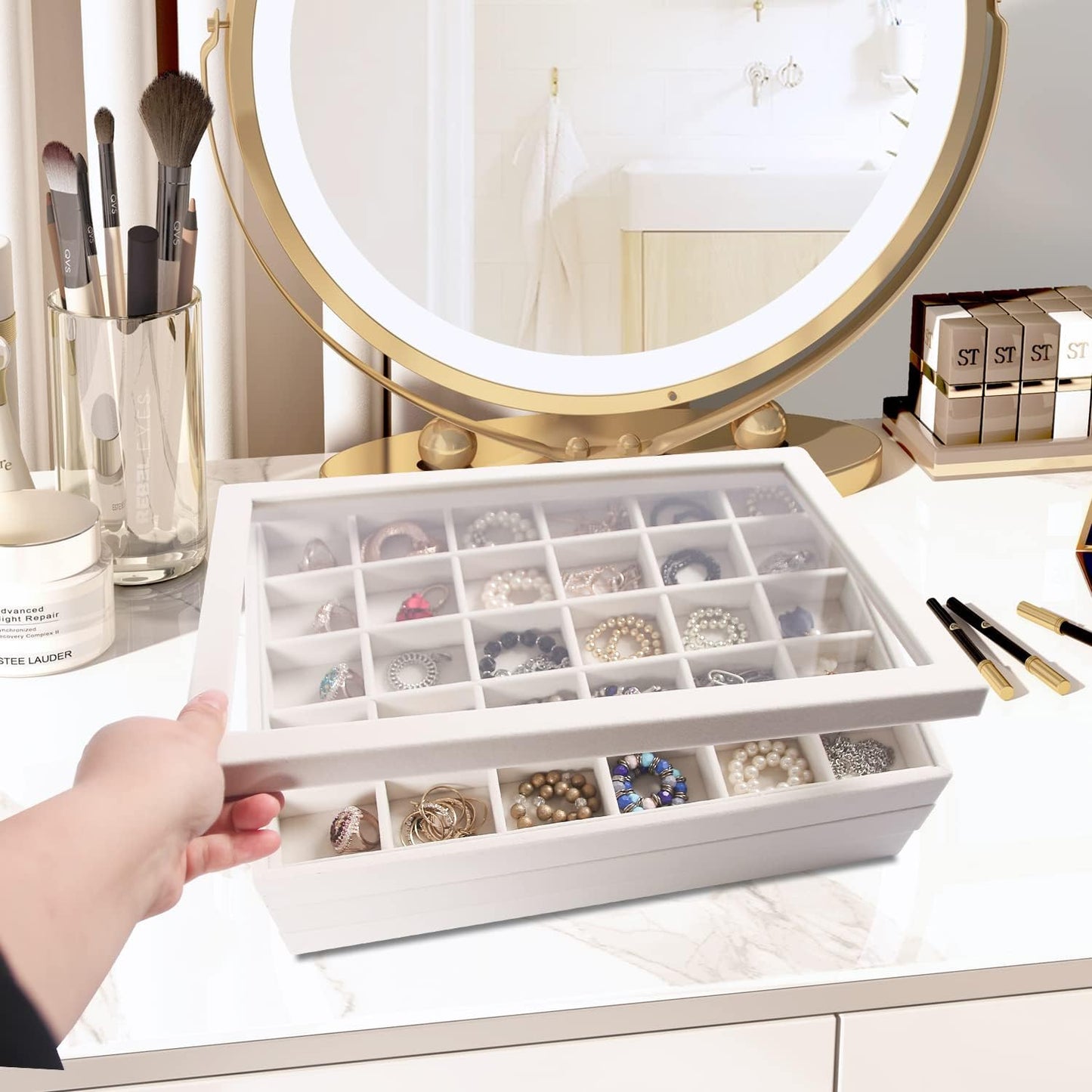 Coward Sunglass Organizer, Beige Velvet Glasses Trays - Eyeglasses Watches Jewelry Display - Men Women (8 Grids)