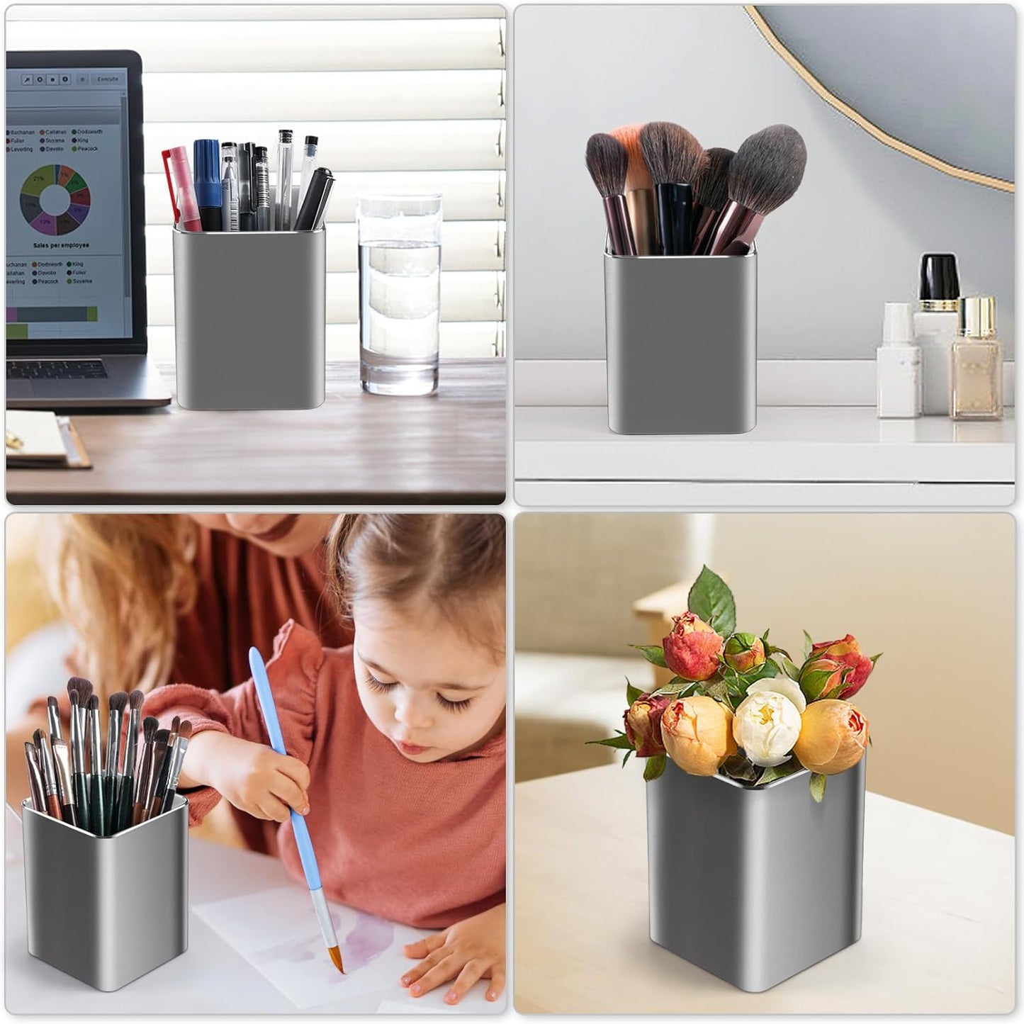 RQB Metal Pen Holder for Desk Square Aluminum Desktop Organizer and Makeup Brush Holder Storage Box for Office, School, Home, and Kids, Non-slip silicone 4×3.15inch-Gray