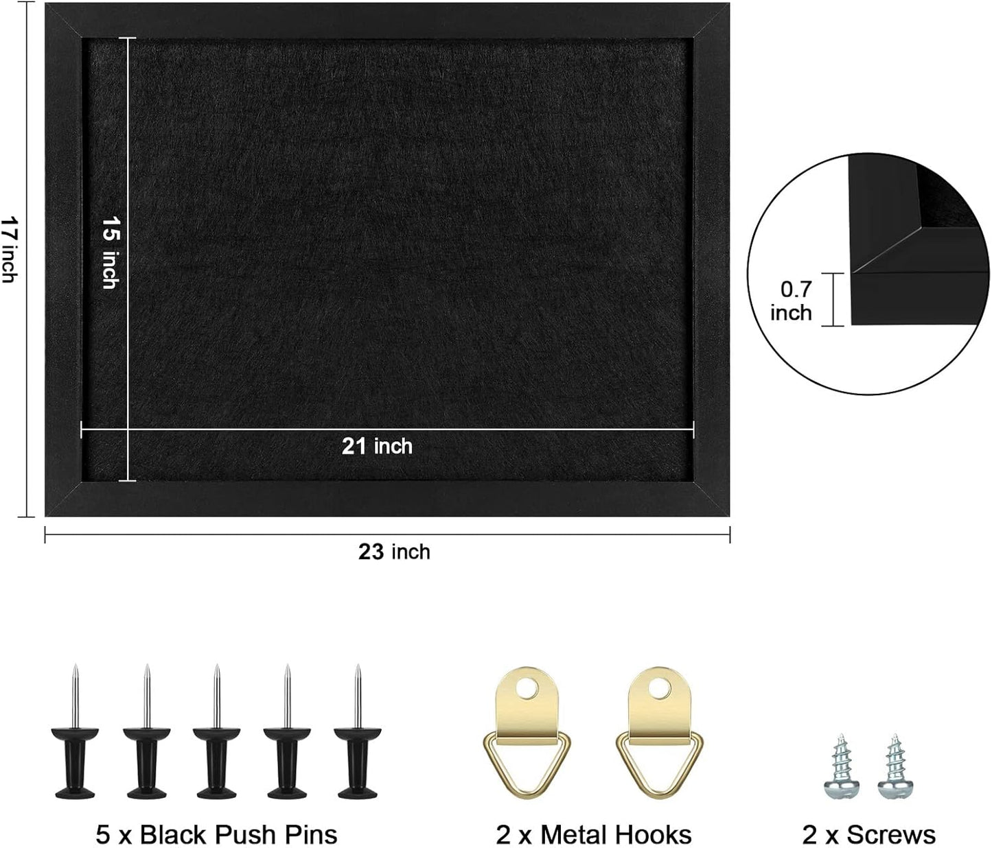 TORASO Cork Board Bulletin Board with Felt,Wood Framed Display Bulletin Board for Walls with Pins, Eye Bolts, gaskets, Screws, Pin Board for Office, School and Home(Black,1pc)