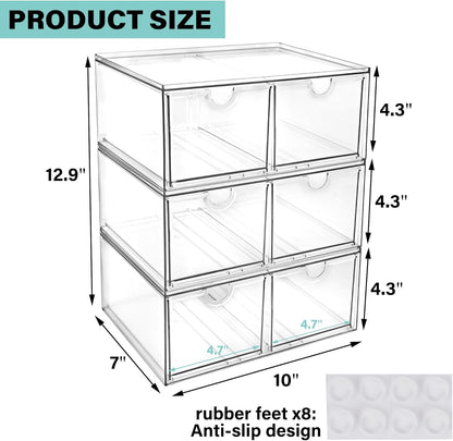 Prsildan Acrylic Drawer Makeup Organizer with 6 Drawers (Not for Baby Bottle), Set of 2 Office Desk Organizers Accessories, Clear Stackable Storage Drawers for Vanity, Craft (Largest Drawer 4" Tall)