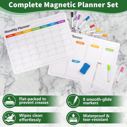 FINDMAG 4 Pack Magnetic Dry Erase Board Set, 16.5"x11.8" Magnetic Calendar for Refrigerator, Fridge Calendar Magnet, Black Weekly Planner Whiteboard for Fridge, Easy to Use with 8 Markers & Eraser