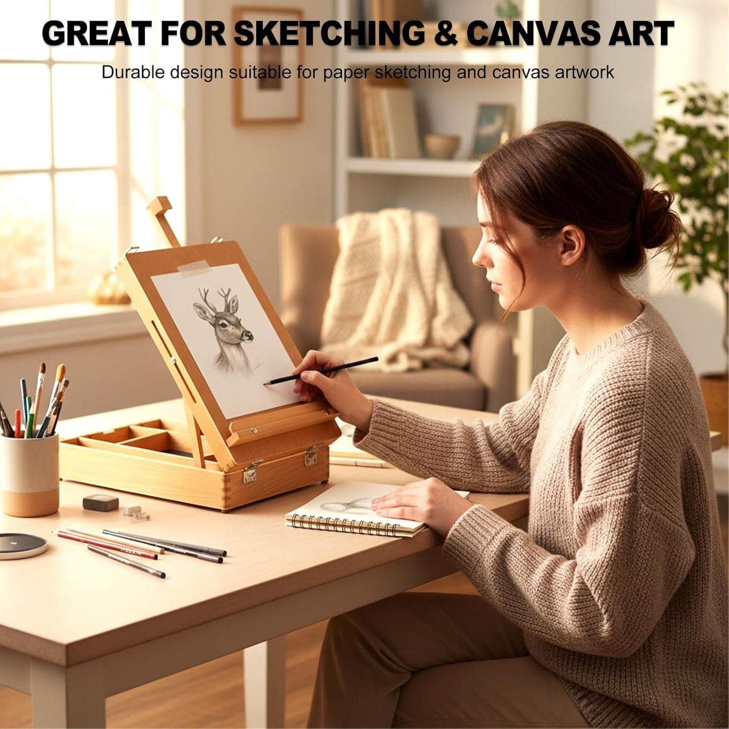 Beechwood Tabletop Easel for Painting, Portable Adjustable Sketchbox Art Easel Stand with Detachable Shoulder Strap for Beginners and Art Lovers