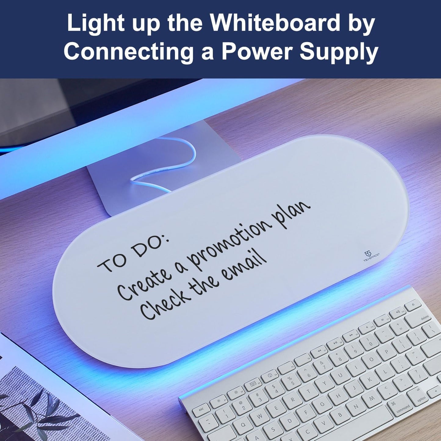 TSJ OFFICE Glass Desktop Whiteboard - 17 X 7 Inches Small Dry Erase Board with Green Light, Black Glass White Board Surface Notepad with 1 Drawer, Desk Organizers for Office, Home, School Supplies