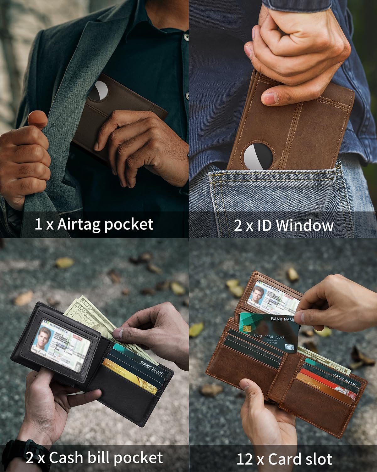 Mens Wallet With AirTag Holder, Bifold Leather RFID Blocking 1-2 ID Windows 12-13 Card Holders, Gift Box and Screen Protector Included, AirTag Not Included