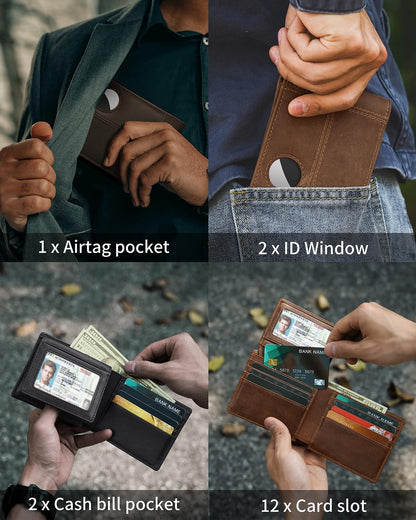 Mens Wallet With AirTag Holder, Bifold Leather RFID Blocking 1-2 ID Windows 12-13 Card Holders, Gift Box and Screen Protector Included, AirTag Not Included
