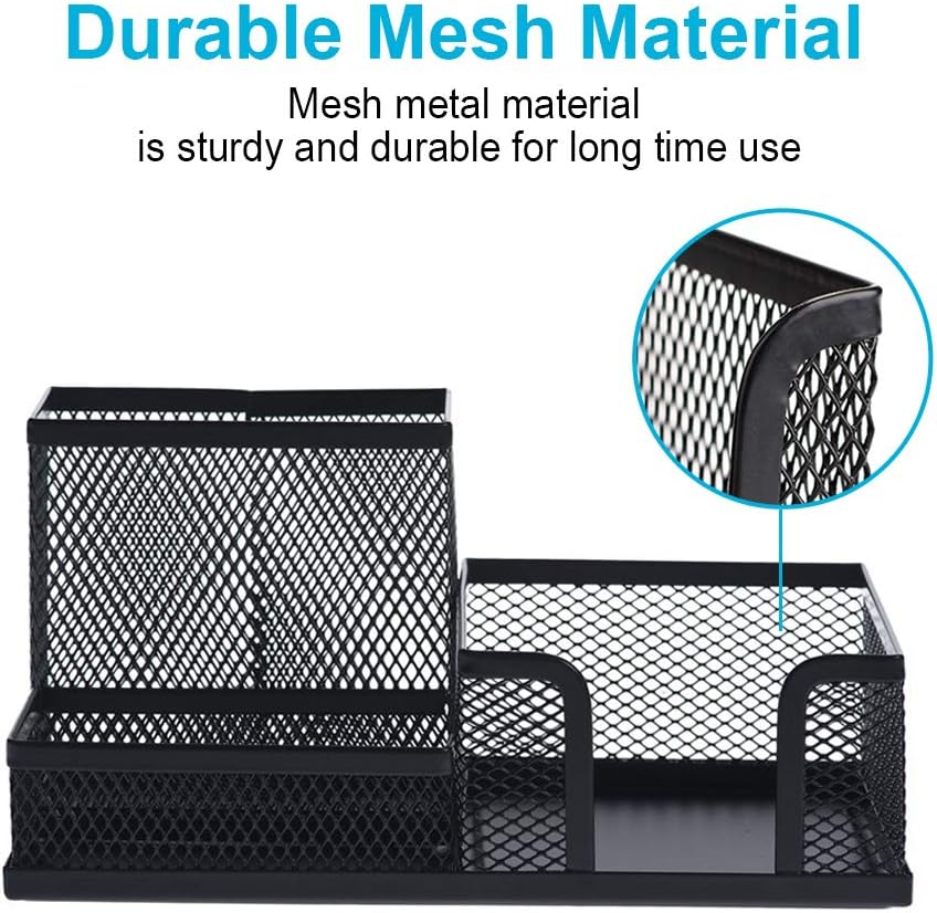 2-Piece Desk Pen & Pencil Organizer - Mesh Metal Pen Cup with Sticky Notes Holder, Black | Pen Cup