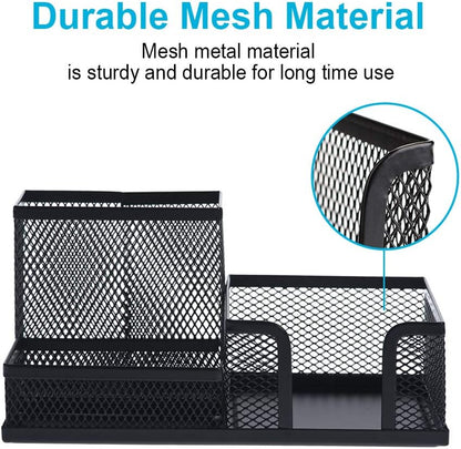 2-Piece Desk Pen & Pencil Organizer - Mesh Metal Pen Cup with Sticky Notes Holder, Black | Pen Cup