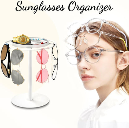 LSK Metal Sunglasses Organizer, Glasses Holder Stand with Storage Tray, Eyeglasses Holder with Anti-Slip Pads for Tabletop, Desk, Dresser, Matte Black